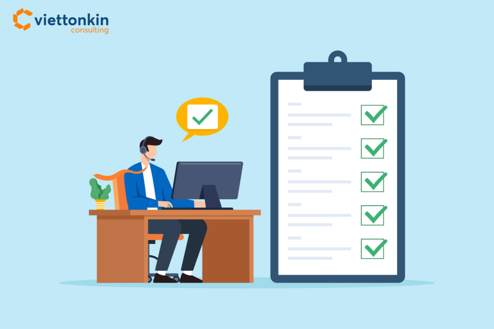 A flat design illustration of a customer service agent wearing a headset and working on a computer, with a giant clipboard showing a successfully completed checklist